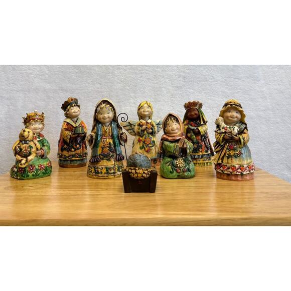 VTG 2006 Blessed be the Name Jesus Wood Carve Look Resin Nativity Set - 9 PC. - Picture 1 of 16
